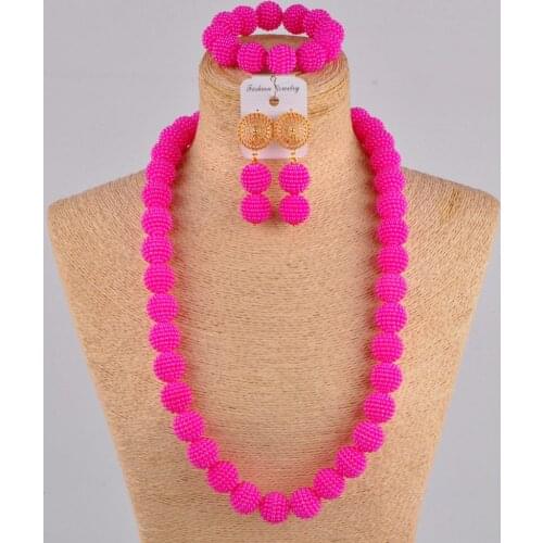 24 inches long necklace fuchsia pink beads african jewelry set simulated pearl necklace earrings for women FZZ07