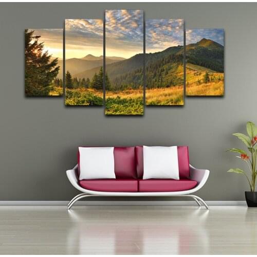 HD Print Painting Canvas Home Decor 5 Piece Sunset Mountain Clouds Green Nature Landscape Poster Modular Wall Art Pictures Frame