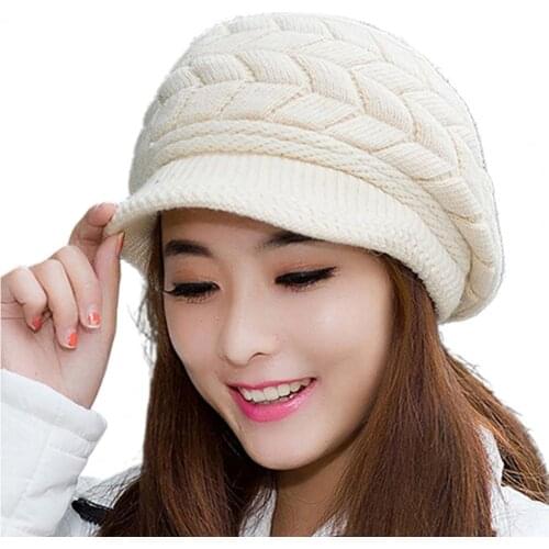 50% Dropshipping Knitted Hat Warm Flat Brim Shape Faux Rabbit Fur Fashion Women Cold Hat for Cold Weather