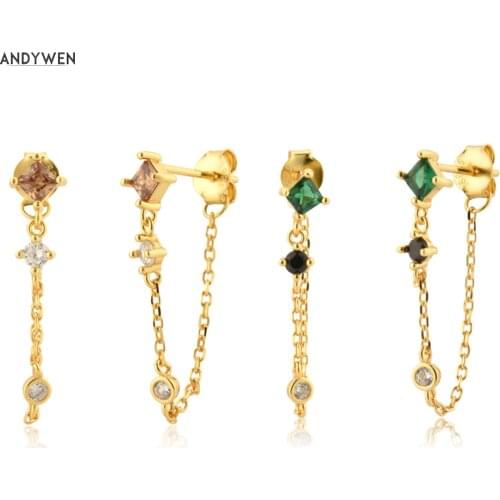 ANDYWEN 925 Sterling Silver Gold Brown Green Zircon Stud Earring Piercing Pendiente Clips Rock Punk Clips Crystal Jewelry