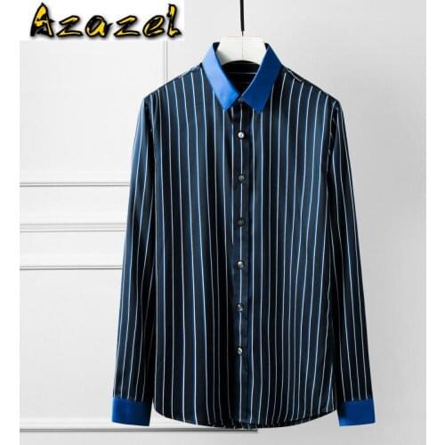 Azazel Men Shirt Luxury Blue Stripe Long Sleeve Mens Dress Shirts Tencel Cotton Casual Shirts Plus Size 4xl Slim Fit Shirt Man