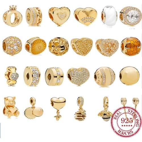 925 Sterling Silver 14K Gold Bee Charm Beads Fit Original Charms Dangles Bracelets Women DIY Jewelry Making