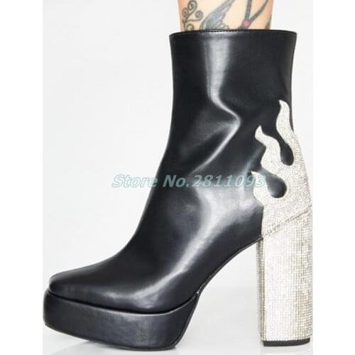 Black Chunky Heel Boots Rhinestone Crystal Heel Bing Bling Zipper Ankle Booties Patckwork Matte Leather Dress Women Boots