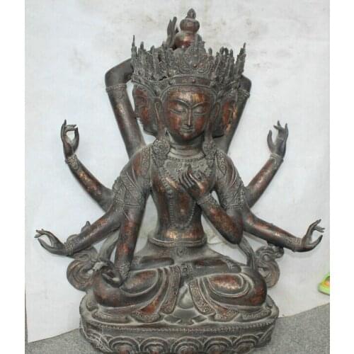 Fast shipping USPS to USA S2345 31" Old Tibet Bronze 3 Head 8 Arms Namgyalma & Ushnishavijaya Buddha Statue