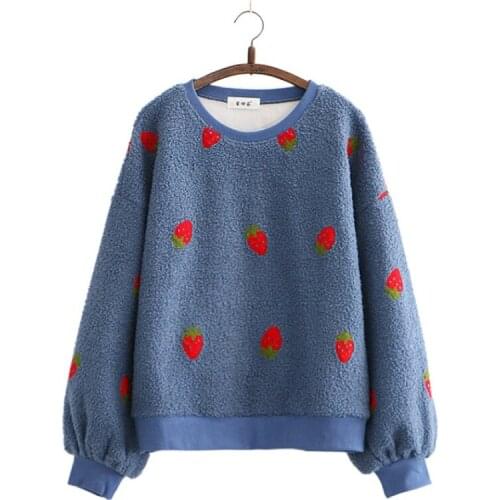 Cartoon Fruit Embroidery Fleece Sweatshirts 2020 Women Winter Long Sleeve O-neck Hoodies Sweet Style Ladies Pullover Tracksuits