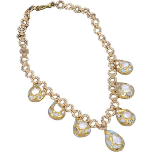 GG Jewelry 21" Blue Larimars Chips Gold Color Plated Link Chain Festoon White Coin Freshwater Pearl Pendant Necklace For Women