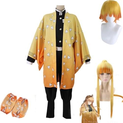 Adult Kids Kimetsu no Yaiba Cosplay Costume Demon Slayer Agatsuma Zenitsu Cosplay Clothing Kimono Halloween