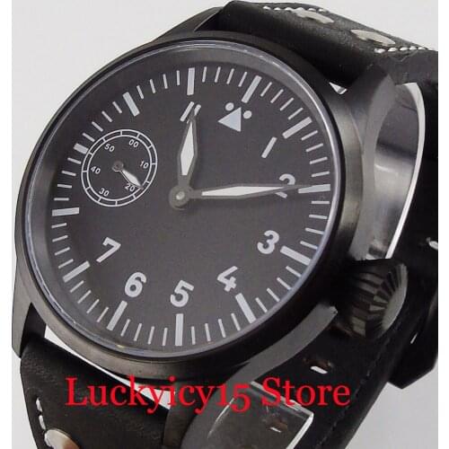 CORGEUT Manual Black PVD Plated Hand Winding Men Wristwatch 6497 Movement Leather Band Sterile Dial Glass Backcover