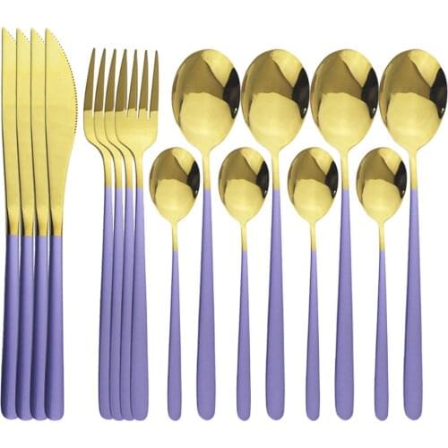 16Pcs Purple Gold Tableware Set 304 Stainless Steel Dinnerware Cutlery Set Knives Forks Spoons Dinner Set Kitchen Silverware Set