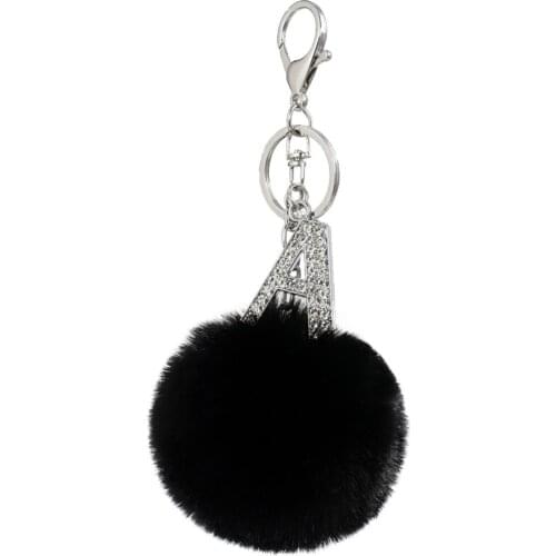 Letter A-Z Fluffy Black Pompom Faux Rabbit Fur Puff Ball Keychains Crystal Letters Rings Key Holder Hook Up Chain Accessories