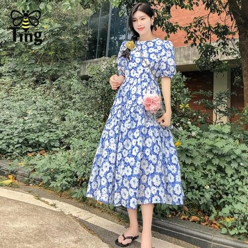 Tingfly Women Sunmer Blue Floral Casual Dress Boho Street Fashion A Line Midi Puff Sleeve Dress Kawaii Girl Streetwear Trendy
