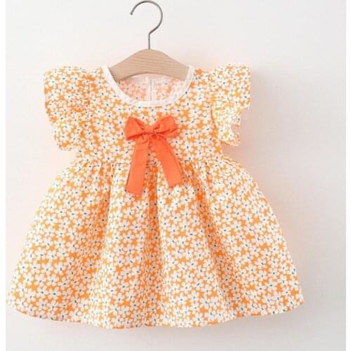 Bow Printing Girls Dresses O-Neck Cotton Fly Sleeve Dress for Girl Absorb Sweat Comfortable Sweet Children’s Clothing for Summer