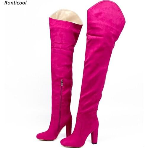 Ronticool New Arrival Women Winter Over The Knee Boots Block Heels Squre Toe Fuchsia Camel Light Blue Dress Shoes Us Size 5-10.5