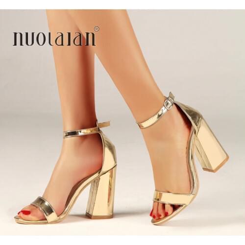 Size35-42 2019 Fashion Shoes Women Heeled Sandals Gold Silver Ankle Strap Pumps Super High Heels 10 CM Square Heels Lady Shoes