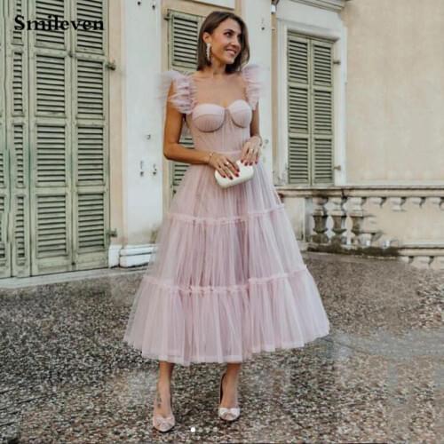 Smileven Pink Puffy Tulle Short Prom Dresses Spaghetti Straps Ankle Length Formal Dresses Fairt Party Dress Custom Made