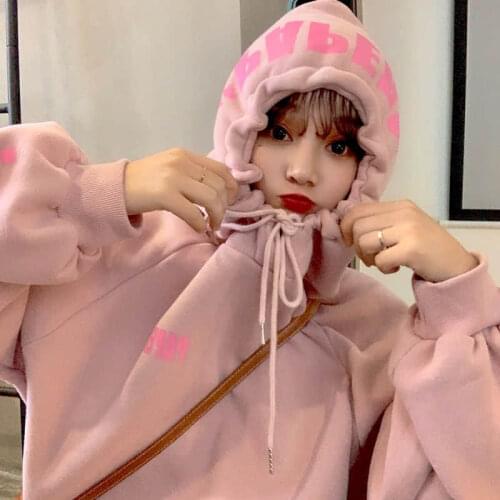 Hoodie women pullover sweet japan autumn winter plus velvet thick hooded sweatshirt femal loose letter print coat long thin top
