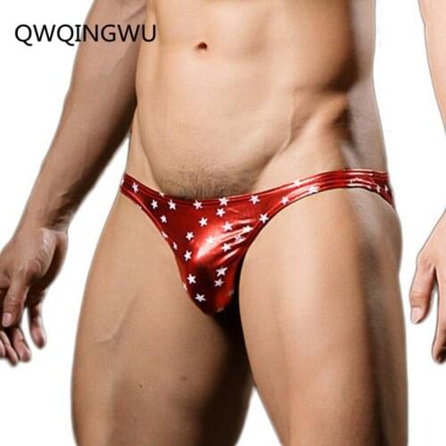 Men Sexy Brief Faux Leather Bulge Pouch Briefs Underwear Gay Star Print Seamless Jockstraps Panties cuecas gay Briefs Underpants