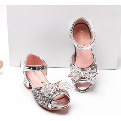 2021 3-12 Years Fashion Crystal Bow Princess High Heels Shoes For Girl Beach Child Leather Sandals Kids Summer Sequins Shoes