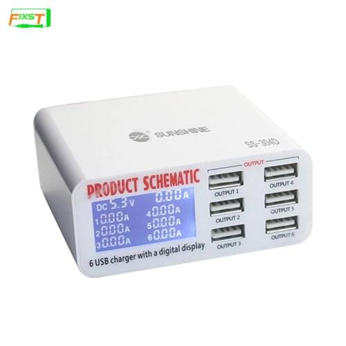 SUNSHINE SS-304D Mini 6 Port USB Smart Charger Support Wireless Charging with LCD Display For Mobile Phone Charging Repair Tools