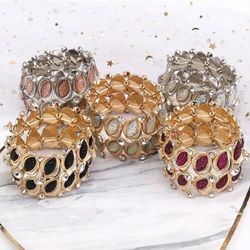 Vintage Crystal Metal Bangles For Women Bohemia Style Shining Horse Eye Pattern Elasticity Bracelet Wide Bangles Fashion Jewelry