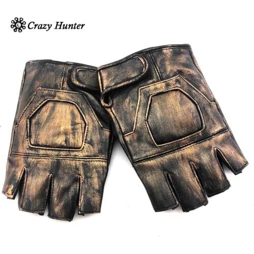 Vintage Gold Real Leather Steampunk Fingerless Gloves Cosplay Custume