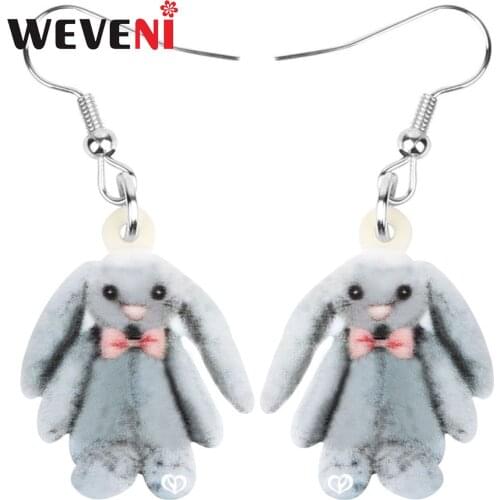 WEVENI Acrylic Gray Plush Rabbit Earrings Long Toy Big Cute Animal Dangle Drop Jewelry For Women Girls Birthday Gift Decoration