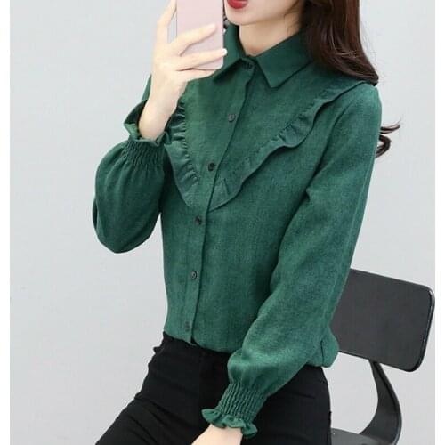 Women Corduroy Shirt Vintage Ruffles Puff Sleeve Tops Casual Button Down Blouse