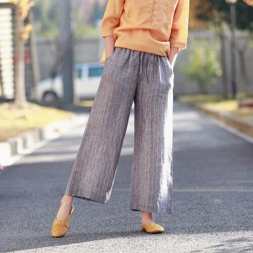 Women Linen Striped Elastic Waist Wide Leg Pants Ladies Loose Retro Wide Leg Trousers Female 2020 Spring Summer Pants