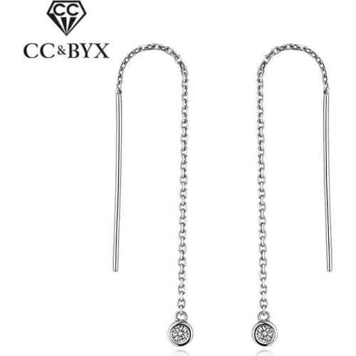 CC Drop Earrings For Women Sterling S925 Silver Jewelry Cubic Zirconia Round Stone Ear Line Simple Tassels Bijoux Femme CCE339