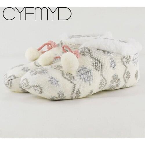 Women Slippers Warm Knit Home Shoes Pompom Floor Socks Thick Plush Velvet Non-slip Home Shoes Fluffy Girl Winter Slippers