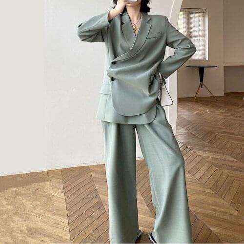 Casual Solid Women Pant Suits Notched Collar Blazer Jacket & Wide Leg Pants Female Spring Autumn High Quality Women Pants Suits