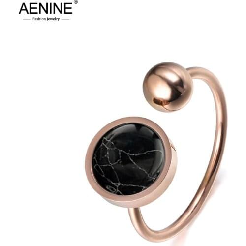 AENINE Creative Ring Round Shape White Magnesite Rose Gold Titanium Steel Anniversary Rings For Women Anillos Mujer AR17054