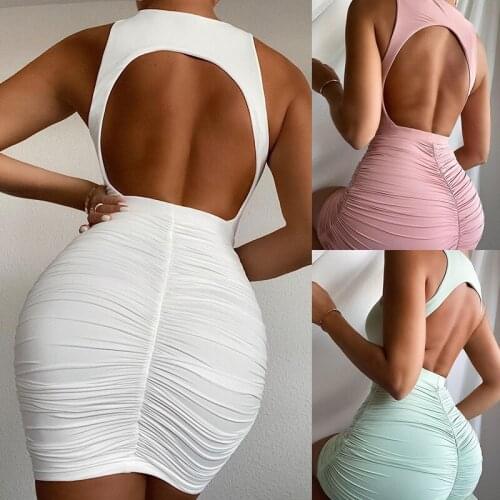 3-color Bag Hip Dress Female 2021 Summer New Personality Fashion Sexy Sleeveless Hollow Open Back Pleated Slim Dress Mini Skirt