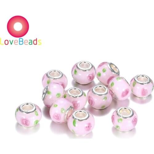10Pcs New Pink Color Flower Murano Big Hole Spacer Beads Crystal Lampwork Glass Beads Fit Pandora Bracelet for DIY Snake Chain