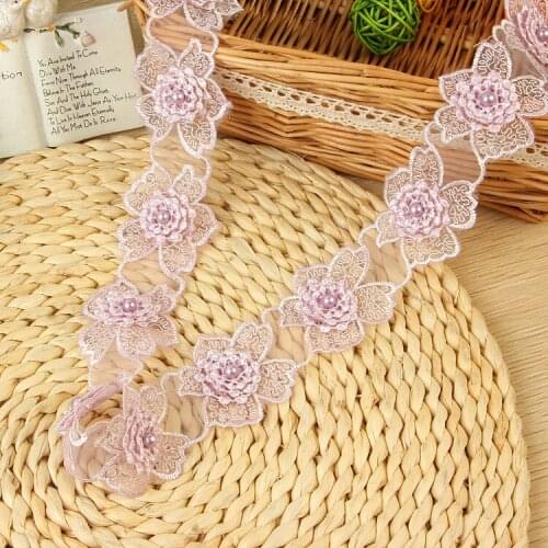 20 Yard Flower Embroidered Polyester Lace Trim Ribbon Floral Pearl Applique Fabric Handmade DIY Wedding Dress Sewing Craft Patch