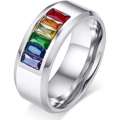 6 Color Stone Stainless Steel Rainbow Rings gay pride Jewelry for men and women