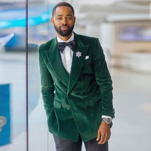 Hunter Velvet Mens Suit Peaked Lapel For Wedding Blazers Male Tuxedos Double Breasted Prom Jackets With Trousers Bow Tie