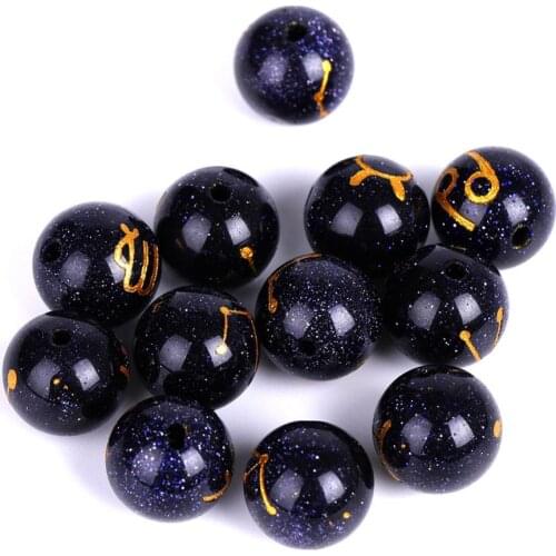 6pcs Natural 12 constellation carving pattern single beads 10MM blue sand stone totem round meditation for Jewelry Making Free