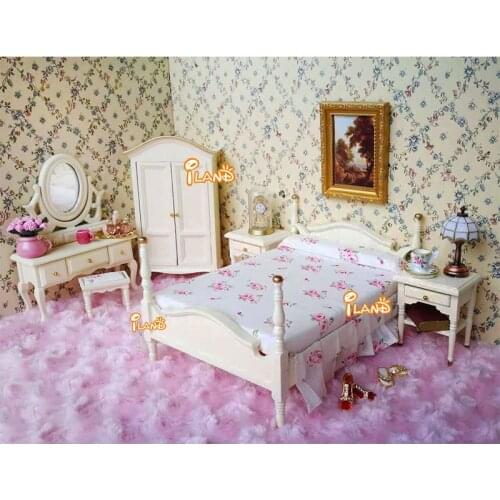 1:12 Wooden Dollhouse Miniature Furniture toy dolls cream simulation bed bedroom sets pretend play toys for kids girls gifts