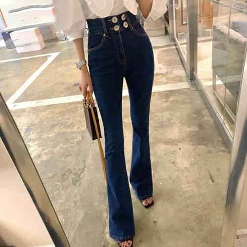 Flare Jeans Women Blue High Waist Buttons Denim Pants Harajuku Spring Summer Ladies Chic Casual Trousers Pantalon Femme