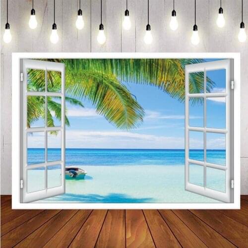 Summer Tropical Beach Backdrop Hawaiian Seaside Sunset Palm Tree Photography Background White Wooden Windows Party Photo Studio