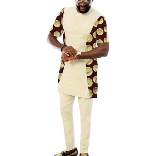 Canary Yellow Patchwork Tops Short Sleeve With Solid Trouser African Fashion Pant Sets Custom For Man Wedding Party Outfits