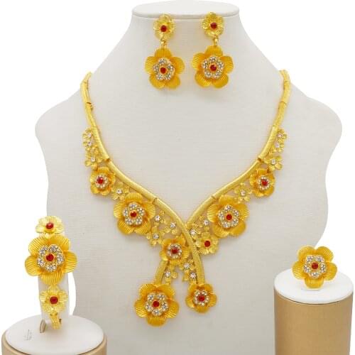 African Jewelry Set Gold Color Flower Necklace Earrings Bracelet Ring Set for Womens Wedding Jewelry Accessories