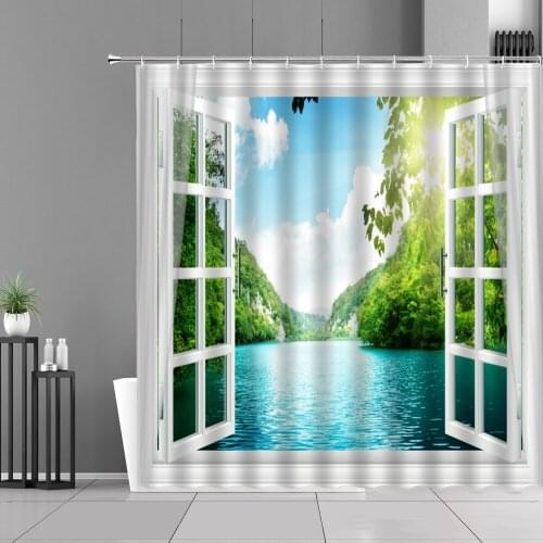 Landscape Shower Curtain 3D False Window Blue Sky Coconut Tree Beach Starfish Bathroom Decoration Waterproof Polyester Fabric