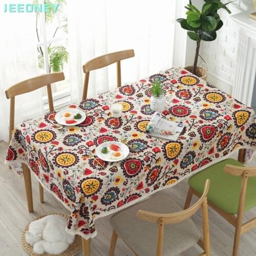 Linen Tablecloth Floral Printing Rectangular Easter Table Cloth Fabric Cover with Lace Edge Home Decor Manteles De Mesa