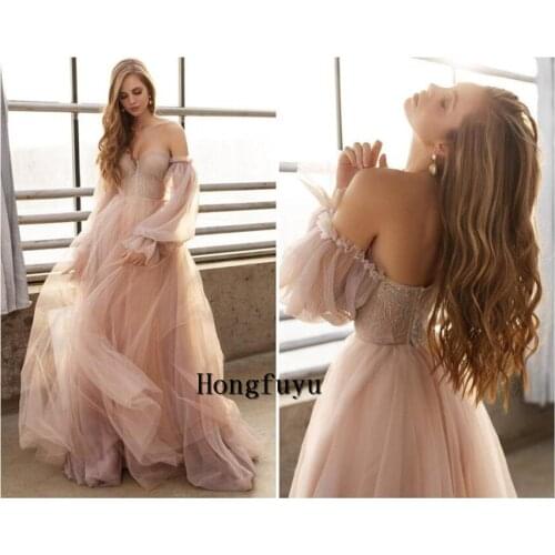 Sweet Dusty Pink Wedding dress 2021 Off Shoulder Long Sleeves Princess Party Dresses Crumpled Tulle A-Line Formal Evening Gowns