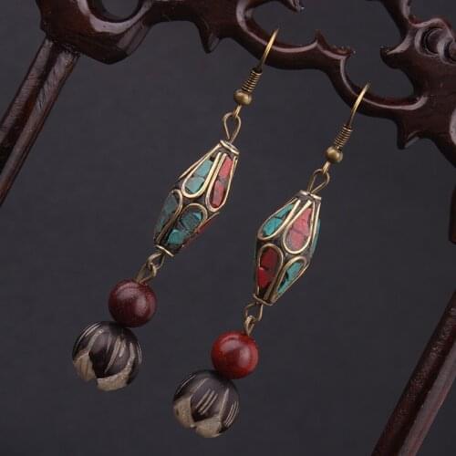 Natural bodhi Nipal sandalwood dangle earrings New Original Ethnic earrings, National flavor vintage ethnic turquosie earrings