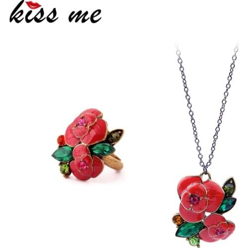 Kissme 2020 New Red Enamel Rose Flower Fashion Jewelry Set For Women Gifts Exquisite Crystal Resin Necklace Ring Accessories