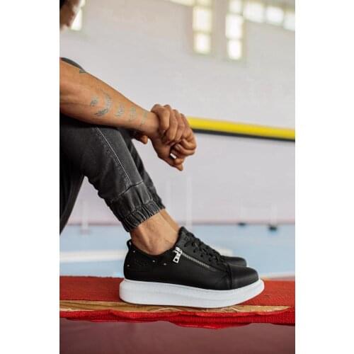 Knack Casual Male Shoes Black (White Bottom) color Seasonal High Bottom Faux Leather Lace-Up Closure Zip Detail Shoes 555