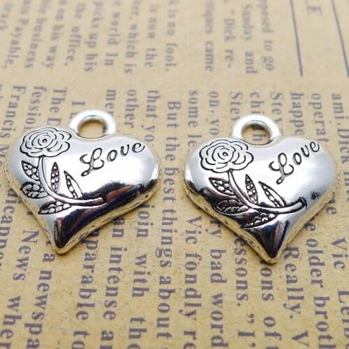 RAINXTAR 20*20mm 10pcs Antique Silver Color Alloy Rose Flower Charms Heart Love Pendant Charms AAC1537